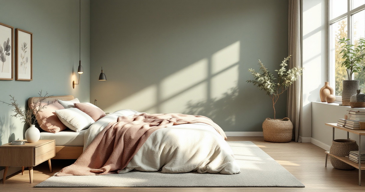 Modern eingerichtetes Schlafzimmer mit sanfter grüner Wandfarbe und zarten roséfarbenen Betttextilien, durch große Fenster fällt warmes Tageslicht, das Raum und Möbel harmonisch erhellt, ein Beispiel für Beruhigende Schlafzimmerfarben.