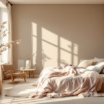 Helles Schlafzimmer mit natürlichem Licht, mittig ein Bett mit weichen Decken und Kissen in warmen Tönen, daneben kleine Beistelltische mit Vasen und Pflanzendekoration, große Fenster mit hellen Vorhängen und ein gemütlicher Sessel, gestaltet in Beruhigende Schlafzimmerfarben, die Ruhe und Harmonie ausstrahlen.