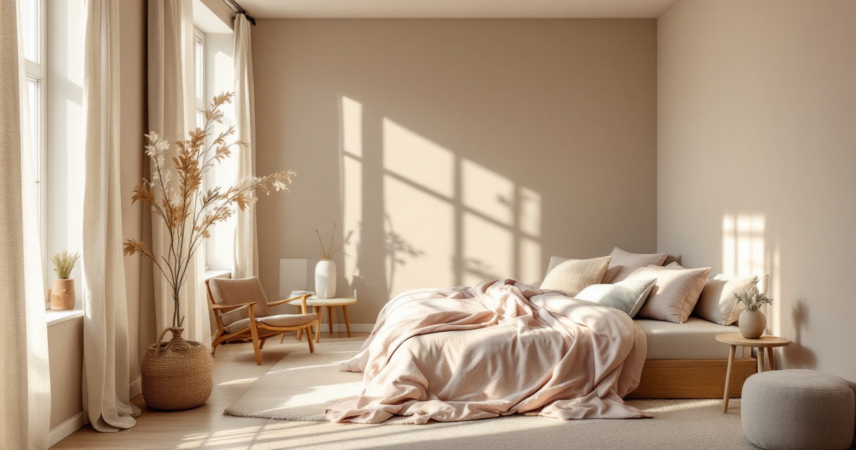 Helles Schlafzimmer mit natürlichem Licht, mittig ein Bett mit weichen Decken und Kissen in warmen Tönen, daneben kleine Beistelltische mit Vasen und Pflanzendekoration, große Fenster mit hellen Vorhängen und ein gemütlicher Sessel, gestaltet in Beruhigende Schlafzimmerfarben, die Ruhe und Harmonie ausstrahlen.