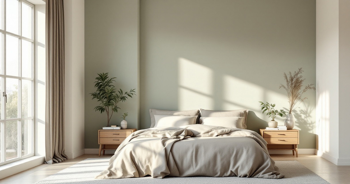 Modern eingerichtetes Schlafzimmer mit großen Fenstern, weichen Beigetönen und grüner Wand im Hintergrund, das die Wirkung von Beruhigende Schlafzimmerfarben unterstreicht und eine entspannte Atmosphäre schafft.