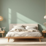 Modern eingerichtetes Schlafzimmer mit einem großen Bett, zwei Nachttischen aus hellem Holz und sanften grünen Wänden, die eine harmonische und entspannende Atmosphäre schaffen, perfekt für Beruhigende Schlafzimmerfarben.