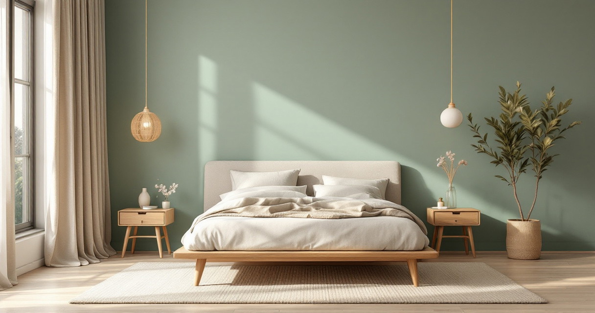 Modern eingerichtetes Schlafzimmer mit einem großen Bett, zwei Nachttischen aus hellem Holz und sanften grünen Wänden, die eine harmonische und entspannende Atmosphäre schaffen, perfekt für Beruhigende Schlafzimmerfarben.