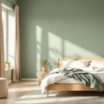 Helles Schlafzimmer mit minimalistischem Holzbett, weißen Bettwaren und einem hellgrünen Wandakzent, der eine ruhige Atmosphäre schafft, repräsentativ für beruhigende Wandfarben Schlafzimmer.