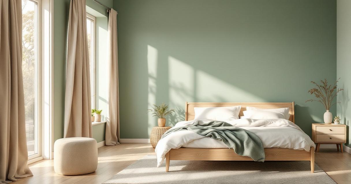 Helles Schlafzimmer mit minimalistischem Holzbett, weißen Bettwaren und einem hellgrünen Wandakzent, der eine ruhige Atmosphäre schafft, repräsentativ für beruhigende Wandfarben Schlafzimmer.