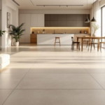 Heller und großzügiger Wohnraum mit einer offenen Küche und großflächigen Bodenfliesen modern, die das Ambiente elegant und zeitgemäß wirken lassen.
