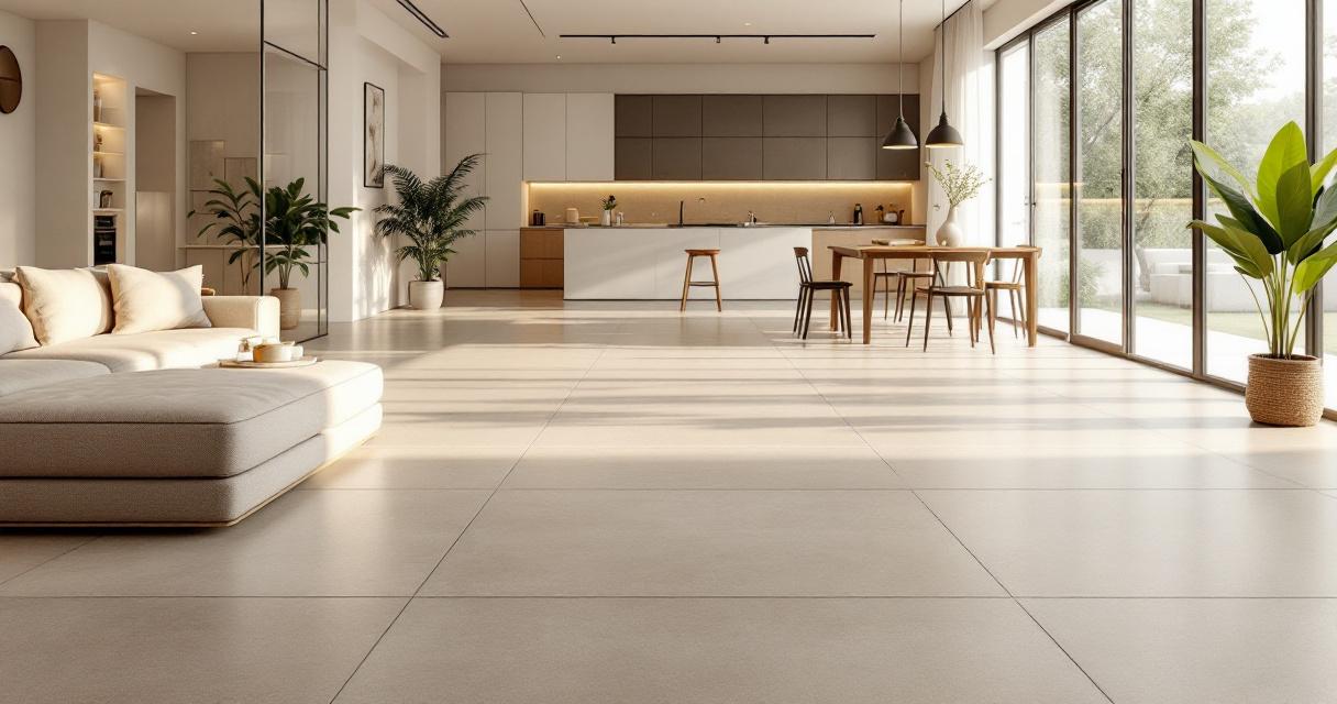 Heller und großzügiger Wohnraum mit einer offenen Küche und großflächigen Bodenfliesen modern, die das Ambiente elegant und zeitgemäß wirken lassen.