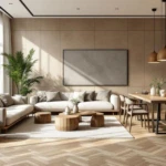 Helles und modernes Wohnzimmer mit großen Fenstern, einer beigen Polstersitzgruppe, Holztischen und Pflanzen, das mit einem eleganten Bodenmuster Parkett Fliesen ausgestattet ist.