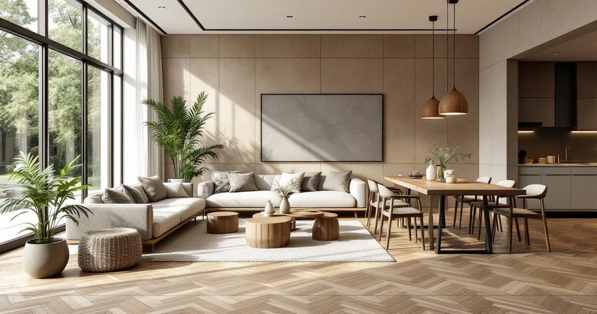 Helles und modernes Wohnzimmer mit großen Fenstern, einer beigen Polstersitzgruppe, Holztischen und Pflanzen, das mit einem eleganten Bodenmuster Parkett Fliesen ausgestattet ist.