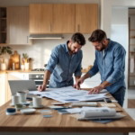 Zwei Männer planen gemeinsam eine Inneneinrichtung in einer modernen, hellen Küche mit Holzakzenten, um eine budgetfreundliche Renovierung vorzubereiten.