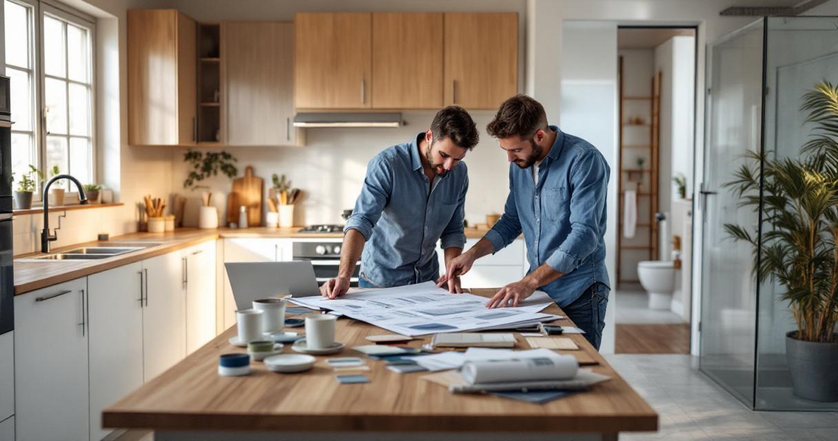 Zwei Männer planen gemeinsam eine Inneneinrichtung in einer modernen, hellen Küche mit Holzakzenten, um eine budgetfreundliche Renovierung vorzubereiten.