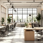 Helles und geräumiges Büro mit modernen Holzmöbeln, ergonomischen Drehstühlen und zahlreichen grünen Pflanzen, das durch große Fenster mit natürlichem Licht durchflutet wird, ideal gestaltet für Büros modernisieren.