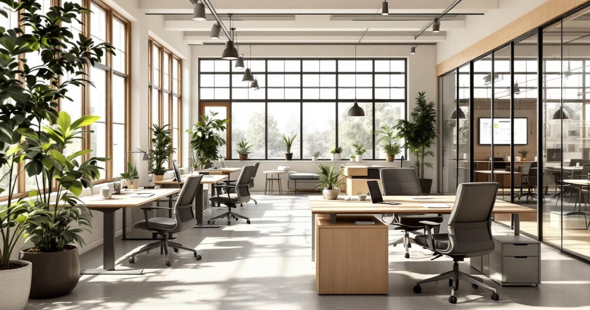 Helles und geräumiges Büro mit modernen Holzmöbeln, ergonomischen Drehstühlen und zahlreichen grünen Pflanzen, das durch große Fenster mit natürlichem Licht durchflutet wird, ideal gestaltet für Büros modernisieren.