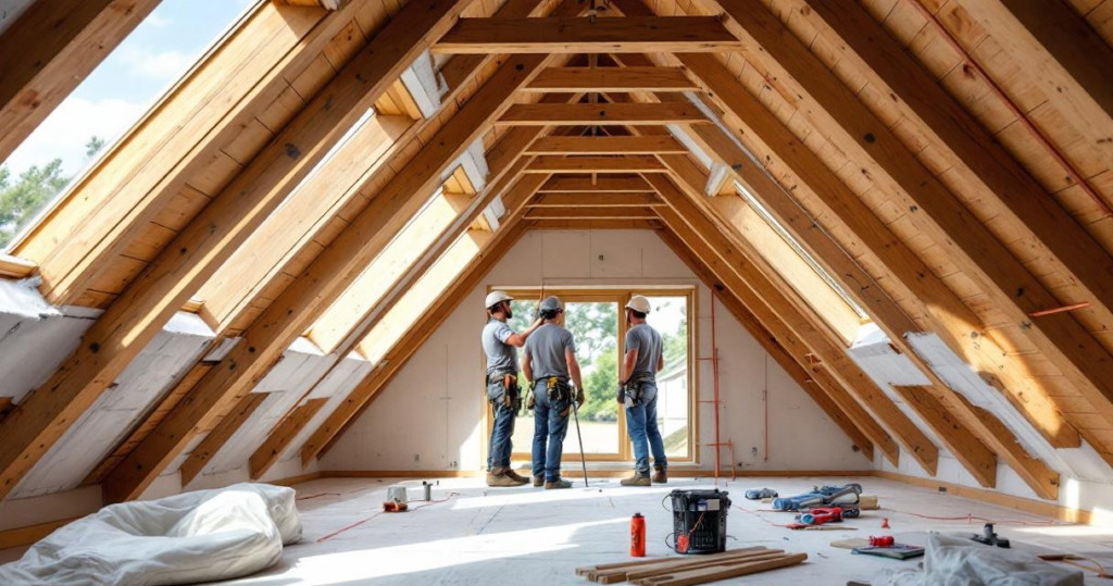 Dachgeschossausbau zusätzlichen Wohnraum zeigt drei Handwerker in einem ausgebauten Dachboden mit sichtbaren Holzbalken und einem großen Fenster, umgeben von Bauwerkzeugen und Material.