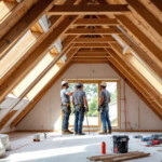 Dachgeschossausbau zusätzlichen Wohnraum zeigt drei Handwerker in einem ausgebauten Dachboden mit sichtbaren Holzbalken und einem großen Fenster, umgeben von Bauwerkzeugen und Material.
