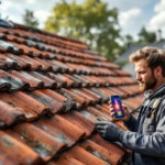 Handwerker prüft mit einem Wärmebildgerät ein altes Ziegeldach auf Schäden mit besonderem Fokus auf Dachsanierung Wann erforderlich.