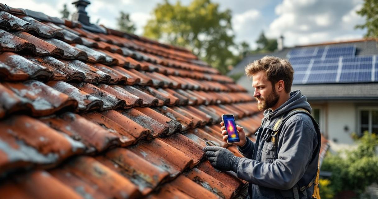 Handwerker prüft mit einem Wärmebildgerät ein altes Ziegeldach auf Schäden mit besonderem Fokus auf Dachsanierung Wann erforderlich.