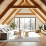 Helles Wohnzimmer mit großen Panoramafenstern und sichtbaren Holzbalken unter der Dachschräge, ausgestattet mit einer modernen, bequemen Sofa-Landschaft, minimalistischen Holztischen und warmen Holzmöbeln als stilvolle Dachschräge Einrichtungsideen.