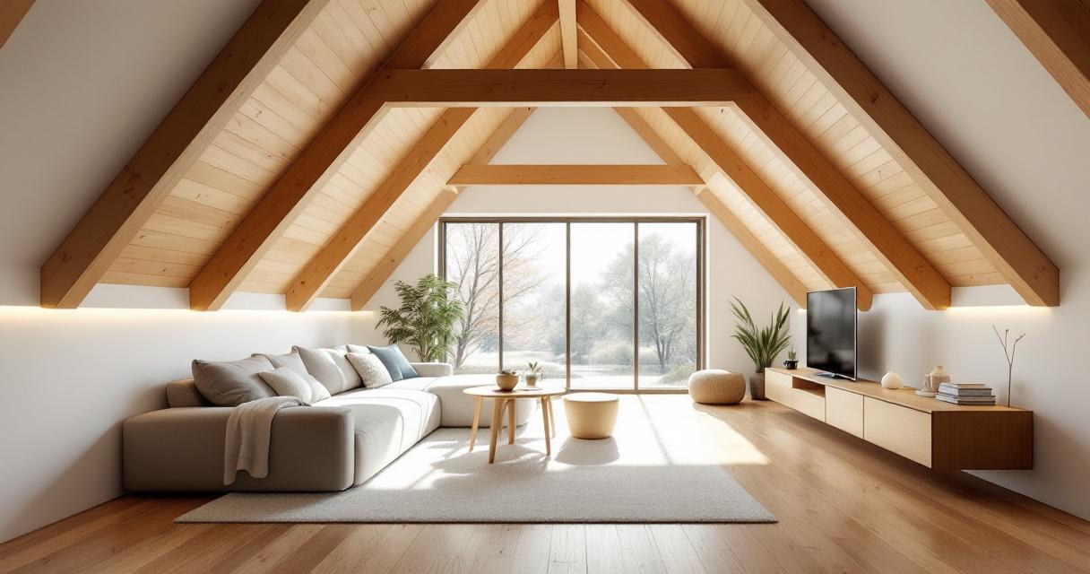 Helles Wohnzimmer mit großen Panoramafenstern und sichtbaren Holzbalken unter der Dachschräge, ausgestattet mit einer modernen, bequemen Sofa-Landschaft, minimalistischen Holztischen und warmen Holzmöbeln als stilvolle Dachschräge Einrichtungsideen.