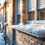 Nahaufnahme einer Außenwand mit Fenstern, auf denen Schnee liegt, was eine effektive Dämmung für den Winter symbolisiert.