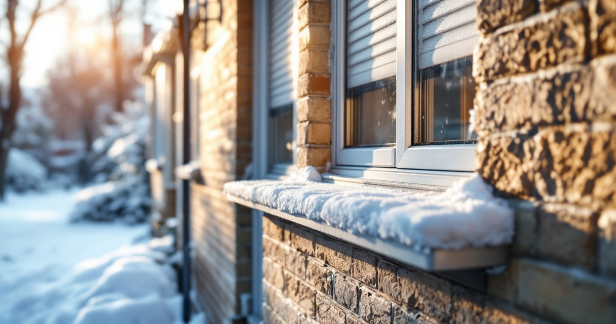 Nahaufnahme einer Außenwand mit Fenstern, auf denen Schnee liegt, was eine effektive Dämmung für den Winter symbolisiert.