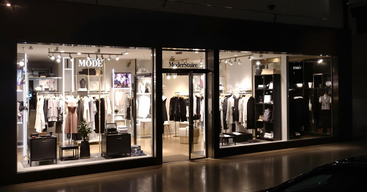 Ein beleuchtetes Modegeschäft bei Nacht mit stilvoll arrangierten Produkten im Schaufenster.