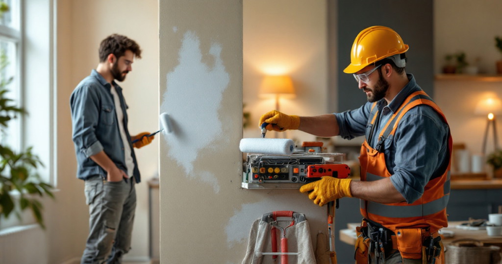 Handwerker mit gelbem Helm und Handschuhen trägt Farbe mit Farbrolle an einer Wand auf, während ein Mann im Hintergrund mit Farbrolle an einer anderen Stelle der Wand selbst streicht, DIY oder Fachfirma wann es sich lohnt Profis zu beauftragen.