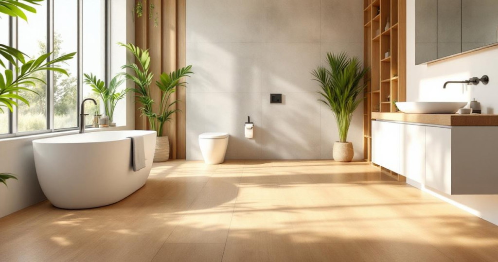 Helles, modernes Badezimmer mit bodentiefen Fenstern, freistehender Badewanne, Toilette, Waschtisch aus Holz und großen grünen Pflanzen, ausgestattet mit stilvollen Ecofliesen für Gesundes Wohnen, die dem Raum eine warme und natürliche Atmosphäre verleihen.