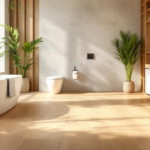 Helles, modernes Badezimmer mit bodentiefen Fenstern, freistehender Badewanne, Toilette, Waschtisch aus Holz und großen grünen Pflanzen, ausgestattet mit stilvollen Ecofliesen für Gesundes Wohnen, die dem Raum eine warme und natürliche Atmosphäre verleihen.