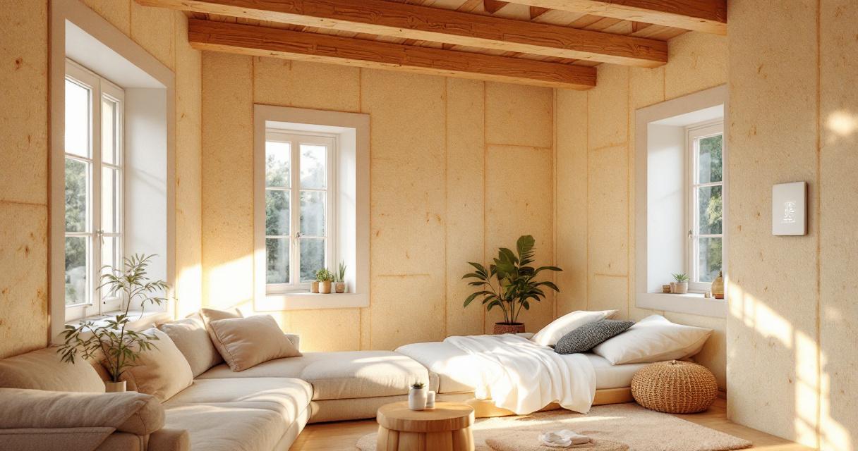 Helles und einladendes Wohnzimmer mit großer Eckcouch, Schlafgelegenheit und natürlichen Pflanzen, das die Nutzung von Effizienzhaus Innenausbau Dämmung durch sichtbare Wandverkleidungen und Holzbalken an der Decke zeigt.