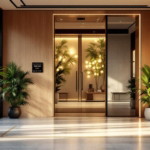 Eleganter und einladender Eingangsbereich mit großen Fensterflächen, zahlreichen grünen Zimmerpflanzen in modernen Übertöpfen und warmen Holzelementen an den Wänden, gestaltet, um Eingangsbereiche aufwerten.