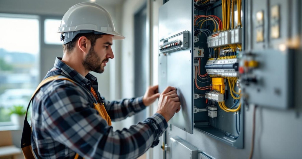 Ein Elektriker mit Schutzhelm überprüft sorgfältig einen Schaltschrank in einem modernen Gebäude, um die Elektrik zu erneuern.
