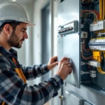 Ein Elektriker mit Schutzhelm überprüft sorgfältig einen Schaltschrank in einem modernen Gebäude, um die Elektrik zu erneuern.