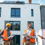 Drei Bauleiter mit orangenen Warnwesten vor einem teils gedämmten Gebäude, die Energetische Sanierung Hausverwaltungen besprechen, während Handwerker im Hintergrund an der Fassade arbeiten.