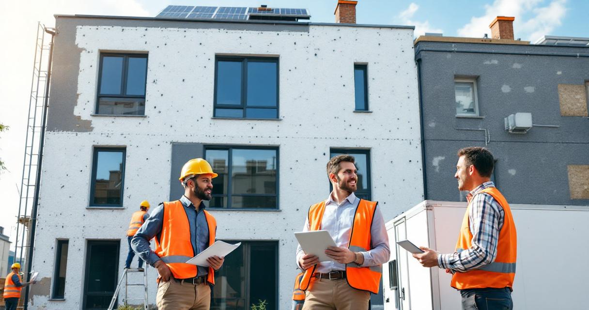 Drei Bauleiter mit orangenen Warnwesten vor einem teils gedämmten Gebäude, die Energetische Sanierung Hausverwaltungen besprechen, während Handwerker im Hintergrund an der Fassade arbeiten.
