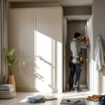 Ein Handwerker führt in einem hellen, modern eingerichteten Badezimmer Arbeiten an einer Wandinstallation durch, um die Effizienz des Wohnraums zu verbessern, was ein Beispiel für Energetische Wohnungsmodernisierung darstellt.