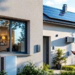 Handwerker im Anzug prüft mit Tablet die moderne Gebäudetechnik eines Hauses mit Solaranlage und Klimagerät im Rahmen einer energetische wohnungsmodernisierung.