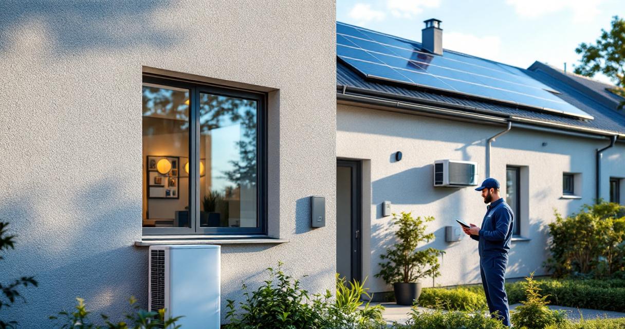 Handwerker im Anzug prüft mit Tablet die moderne Gebäudetechnik eines Hauses mit Solaranlage und Klimagerät im Rahmen einer energetische wohnungsmodernisierung.
