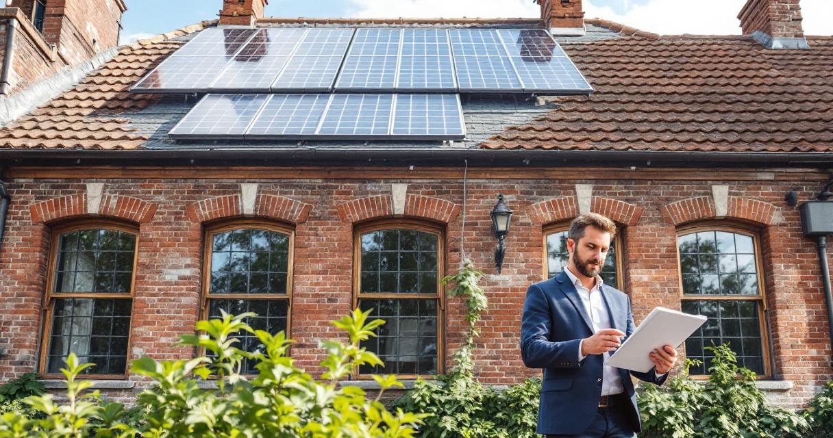 Ein Mann in Anzug steht vor einem Backsteinhaus mit vier großen Fenstern und Solarpanels auf dem Dach, Symbol einer Energieeffiziente Altbau Modernisierung.