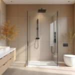 Modernes, helles Badezimmer mit bodengleicher Glasdusche, wandhängendem WC und Doppelwaschbecken auf Holzunterschrank, das natürliche Licht durch große Fenster betont Energieeffiziente Badezimmerrenovierung.