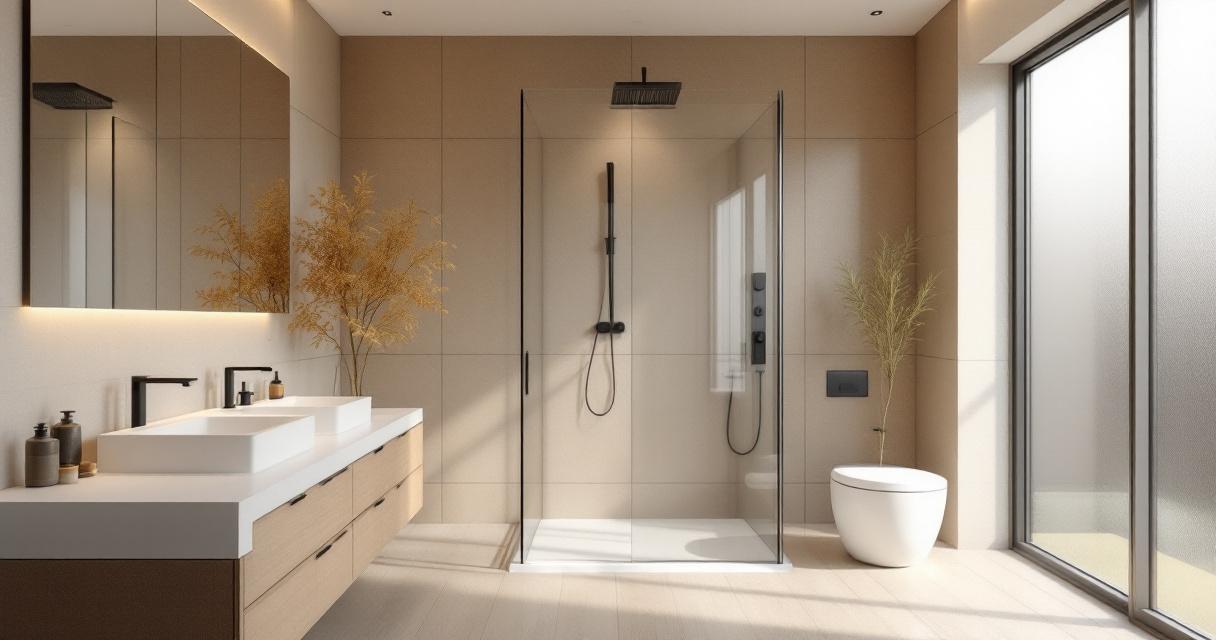 Modernes, helles Badezimmer mit bodengleicher Glasdusche, wandhängendem WC und Doppelwaschbecken auf Holzunterschrank, das natürliche Licht durch große Fenster betont Energieeffiziente Badezimmerrenovierung.