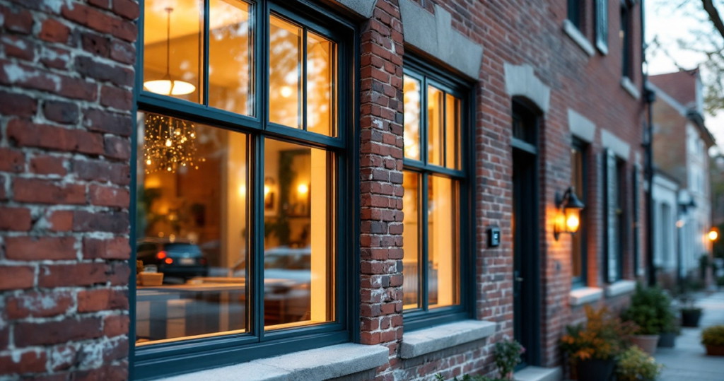 Zwei modern gestaltete schwarze Fenster mit warmem Lichtschein in einem Altbau aus rotem Backstein, exemplarisch für energieeffiziente fenster für altbau modernisierung.