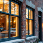 Zwei modern gestaltete schwarze Fenster mit warmem Lichtschein in einem Altbau aus rotem Backstein, exemplarisch für energieeffiziente fenster für altbau modernisierung.