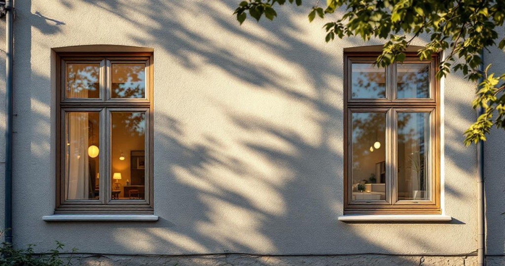 Fassade eines Hauses mit zwei großen Holzfenstern, durch die warme Innenbeleuchtung und gemütliche Einrichtung sichtbar sind, Symbol für moderne und energieeffiziente fenstermontage.