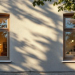 Fassade eines Hauses mit zwei großen Holzfenstern, durch die warme Innenbeleuchtung und gemütliche Einrichtung sichtbar sind, Symbol für moderne und energieeffiziente fenstermontage.
