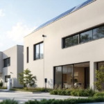 Geschäftsmann steht vor modernen Gebäuden mit Solarpaneelen auf dem Dach und Elektroauto-Ladestationen im Hof, Symbol für Energieeffiziente Gewerbe-Modernisierung und nachhaltige Gebäudetechnik.