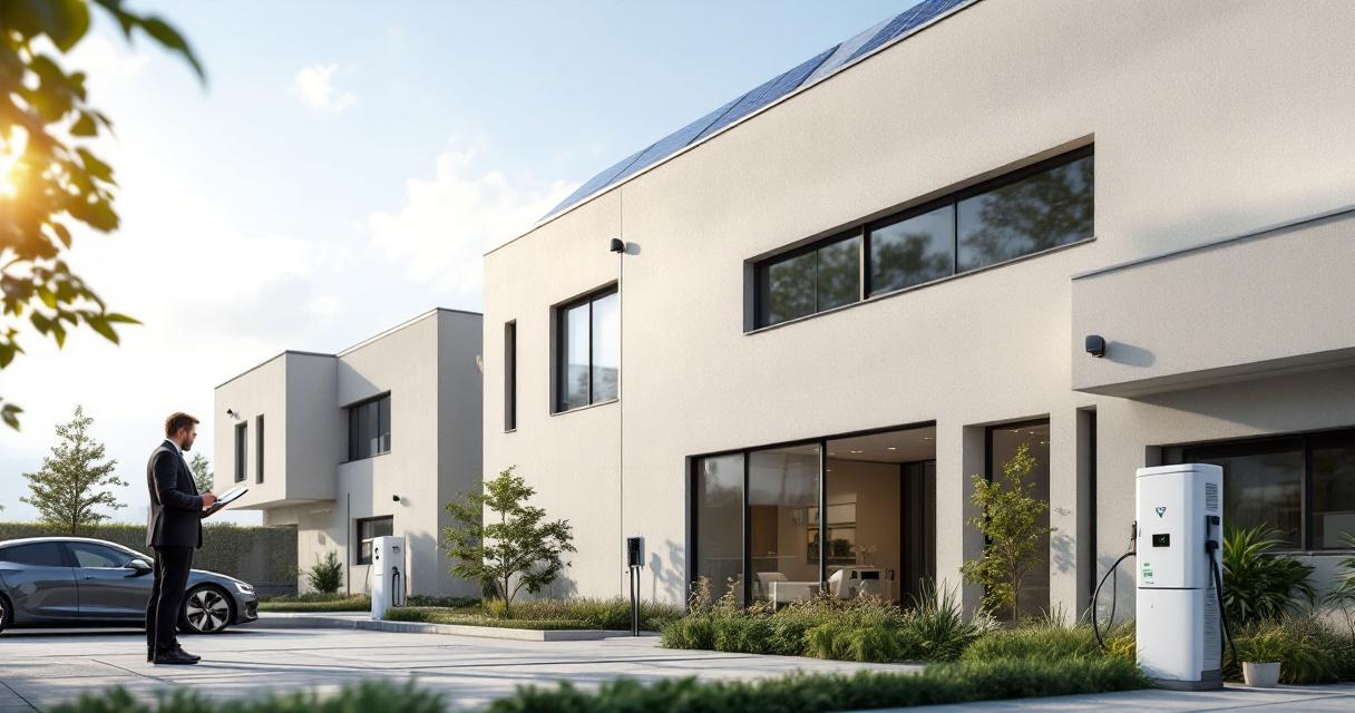 Geschäftsmann steht vor modernen Gebäuden mit Solarpaneelen auf dem Dach und Elektroauto-Ladestationen im Hof, Symbol für Energieeffiziente Gewerbe-Modernisierung und nachhaltige Gebäudetechnik.