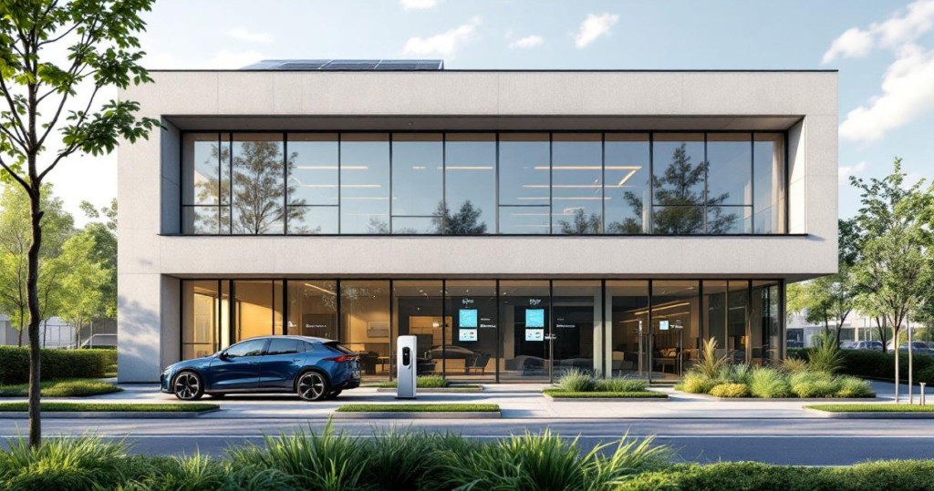 Modernes Bürogebäude mit großen Glasfenstern, begrüntem Vorgarten, Elektroauto an Ladestation und Solarpanel auf dem Dach als Beispiel für eine energieeffiziente Gewerbe Modernisierung.