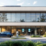 Modernes Bürogebäude mit großen Glasfenstern, begrüntem Vorgarten, Elektroauto an Ladestation und Solarpanel auf dem Dach als Beispiel für eine energieeffiziente Gewerbe Modernisierung.