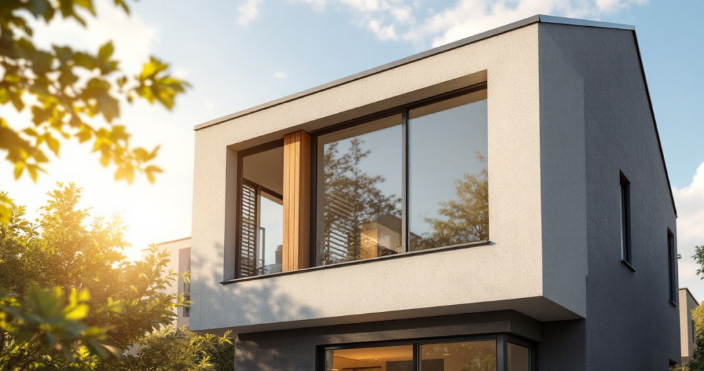 Modernes zweistöckiges Einfamilienhaus mit großen Fenstern in warmem Sonnenlicht, umgeben von grünen Bäumen, Symbol für energieeffiziente Renovierung im zeitgemäßen Wohnbau