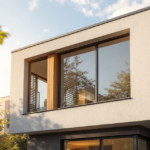 Modernes zweistöckiges Einfamilienhaus mit großen Fenstern in warmem Sonnenlicht, umgeben von grünen Bäumen, Symbol für energieeffiziente Renovierung im zeitgemäßen Wohnbau
